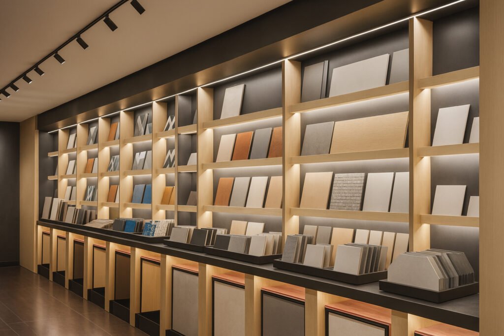Modern tile and surface material showroom with sleek wooden shelving, spotlighting, and an organized display of color and texture samples.