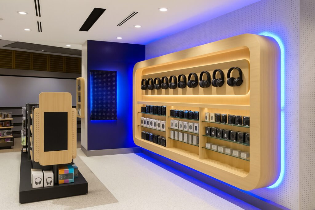 Modern electronics retail showroom interior with stylish headphone display wall, sleek wooden shelving, and ambient blue LED lighting.