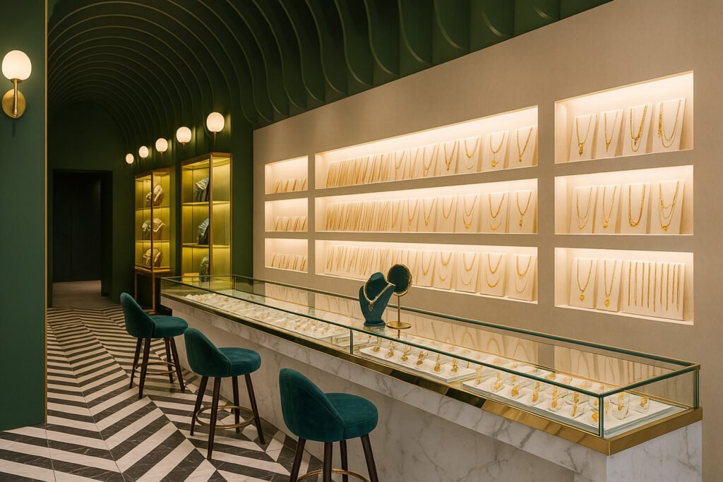 Luxury jewelry showroom interior with gold necklaces displayed in illuminated wall niches, a glass display counter, green velvet chairs, and an elegant arched ceiling.