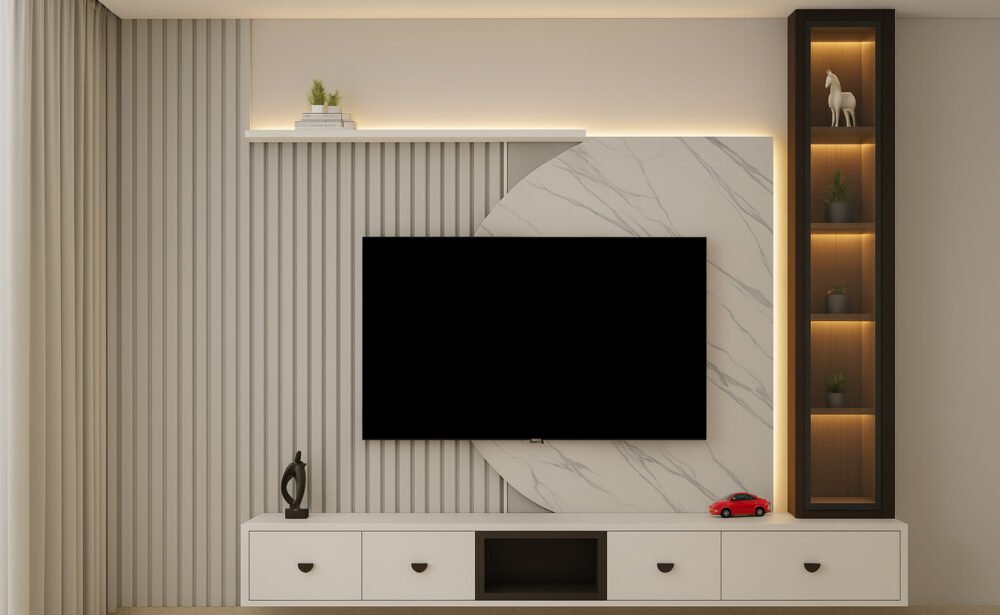Modern TV unit design featuring a wall-mounted flat-screen, white cabinetry with drawers, marble textured panel, vertical fluted paneling, and backlit display shelves.