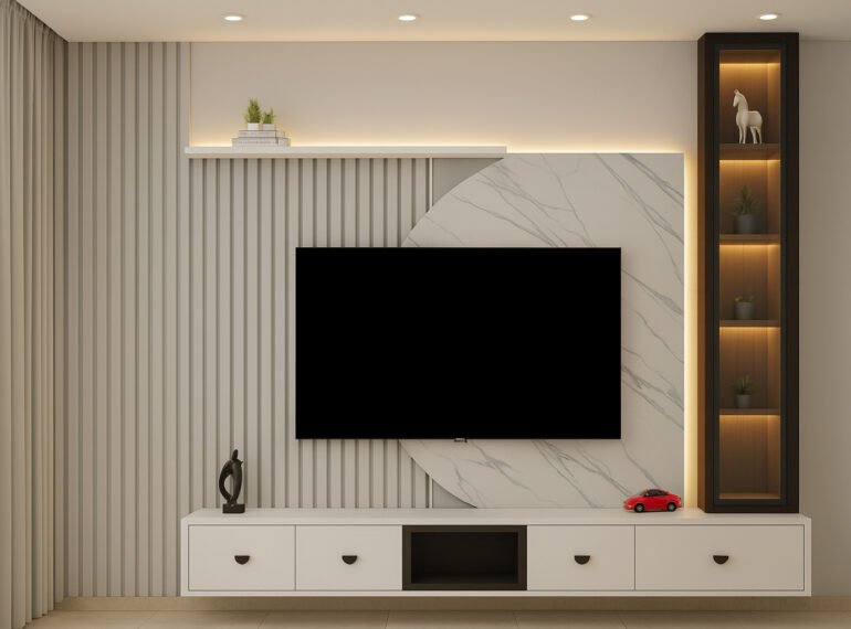 Modern TV unit design featuring a wall-mounted flat-screen, white cabinetry with drawers, marble textured panel, vertical fluted paneling, and backlit display shelves.