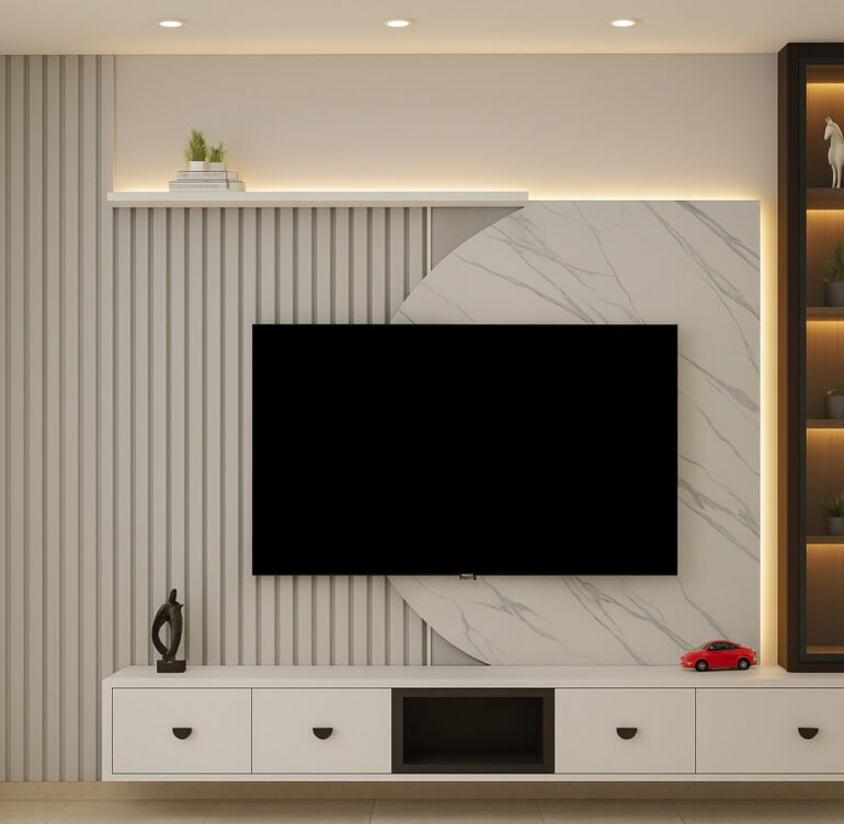 Modern TV unit design featuring a wall-mounted flat-screen, white cabinetry with drawers, marble textured panel, vertical fluted paneling, and backlit display shelves.