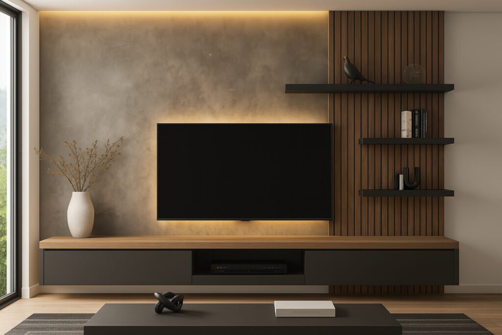Modern TV unit design with dark wood paneling, matte black floating shelves, and minimalist décor in a luxury living room.