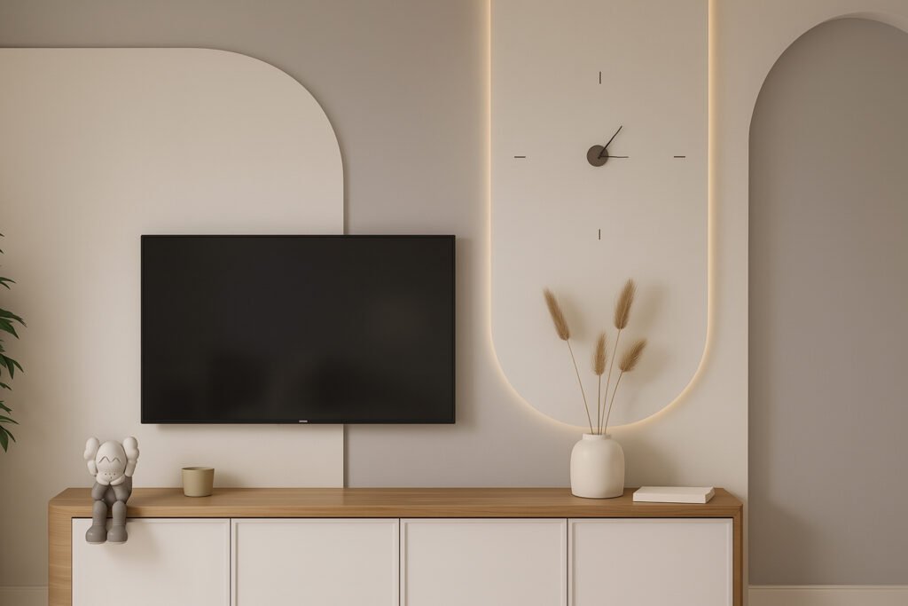 Minimalist TV unit design with curved wall panels, soft lighting, wall clock detail, and a modern wooden cabinet.