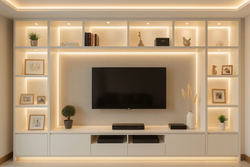 Modern wall-mounted TV unit with open shelving, warm LED lighting, and minimalist decor in a neutral color palette.