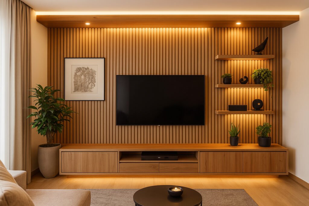 Wooden panel TV unit with floating shelves, ambient LED lighting, and modern decor in a cozy living room setup.