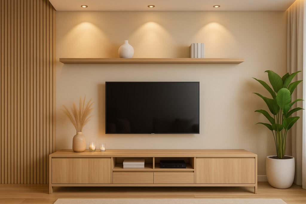Minimalist wooden TV unit with floating shelf, warm lighting, and indoor plant in a cozy living room setting.