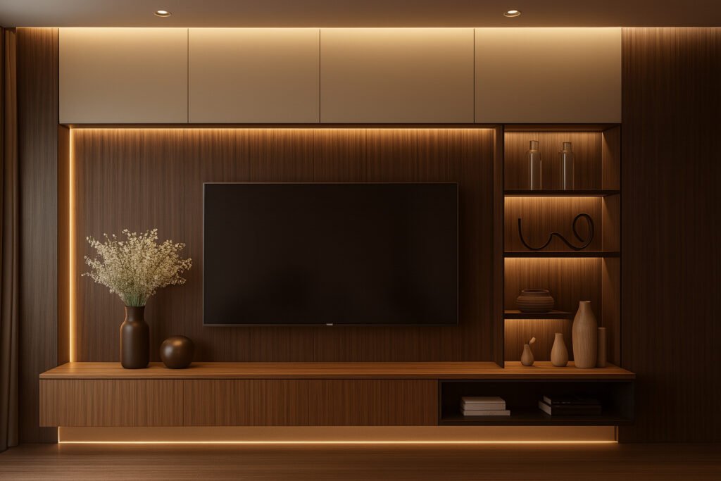 Luxurious wooden TV unit with warm lighting, decorative shelves, and modern minimalist decor in a premium living room.