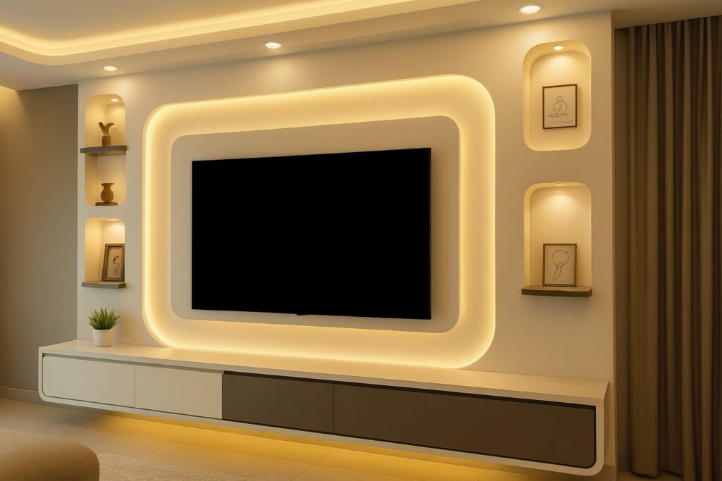 Stylish modern TV unit with warm backlit paneling, floating cabinet, and decorative niches featuring minimalist artwork and decor.