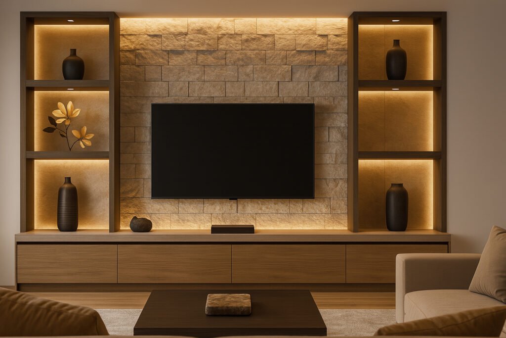 Modern wooden TV unit with backlit stone wall cladding, integrated shelves, and warm ambient lighting in a contemporary living room.