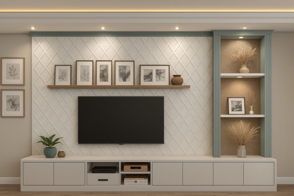 Contemporary TV unit with white paneling, wooden shelf displaying photo frames, and side showcase with decorative items.