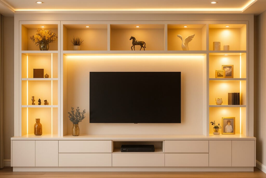Elegant TV unit with full wall shelving, warm recessed lighting, and decorative accents including statues, vases, and framed photos.