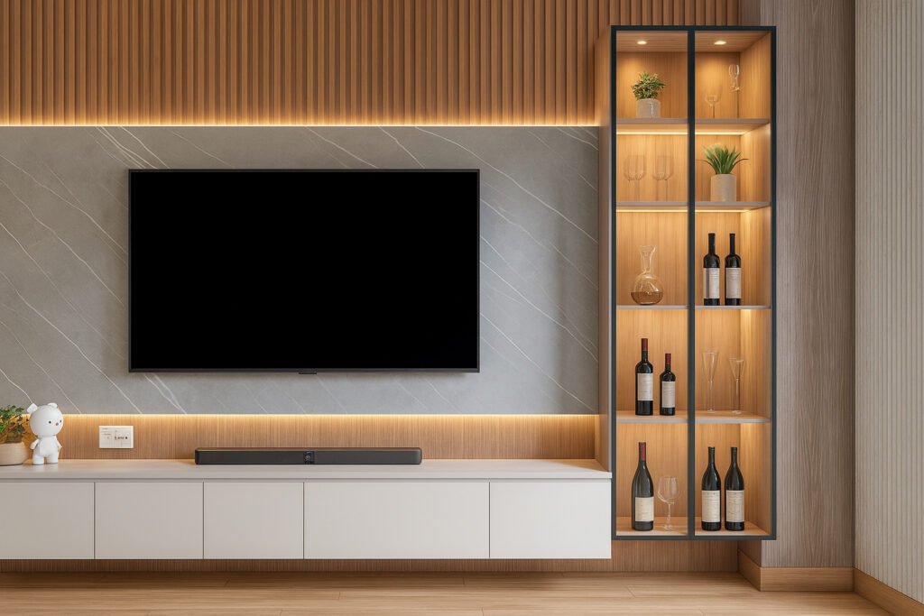 Modern TV unit design with a floating cabinet, grey marble backdrop, and illuminated glass display shelves featuring wine bottles, glasses, and decor.