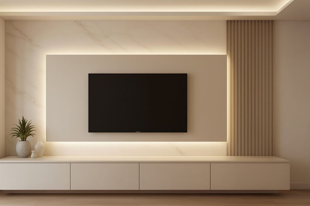 Minimalist TV unit design with beige wall paneling, marble finish backdrop, concealed lighting, and sleek floating cabinetry.