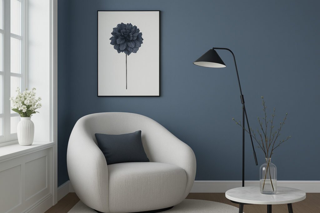 Minimalist living corner with a blue wall, modern black and white floral wall painting, cozy white armchair, and floor lamp.