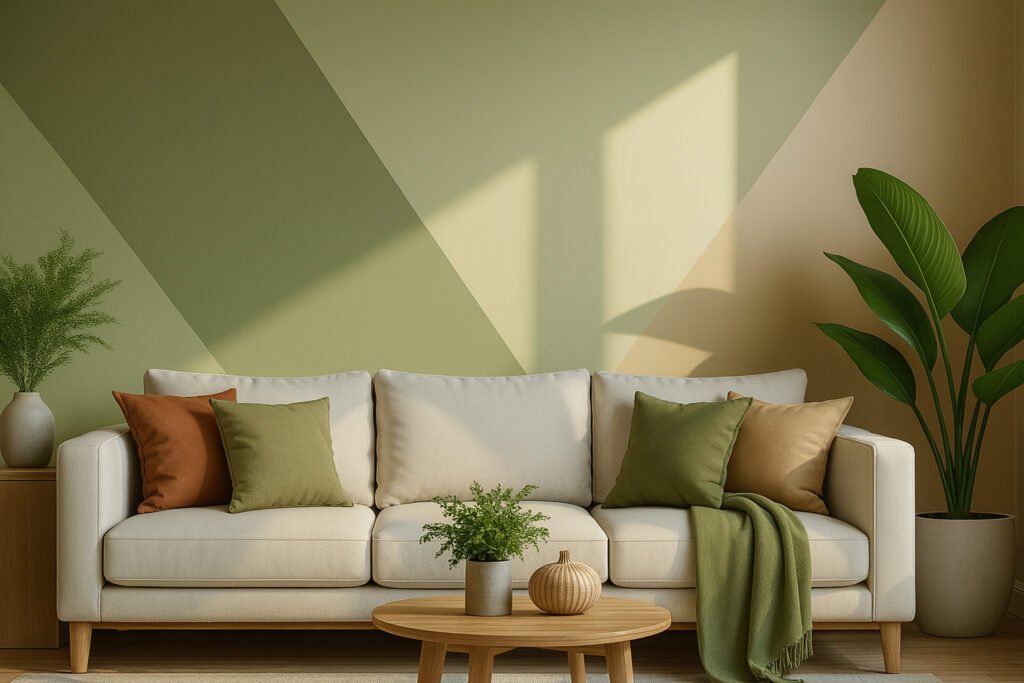 Living room with a beige sofa, green and brown cushions, indoor plants, and a modern geometric wall painting in soft olive, beige, and tan tones.