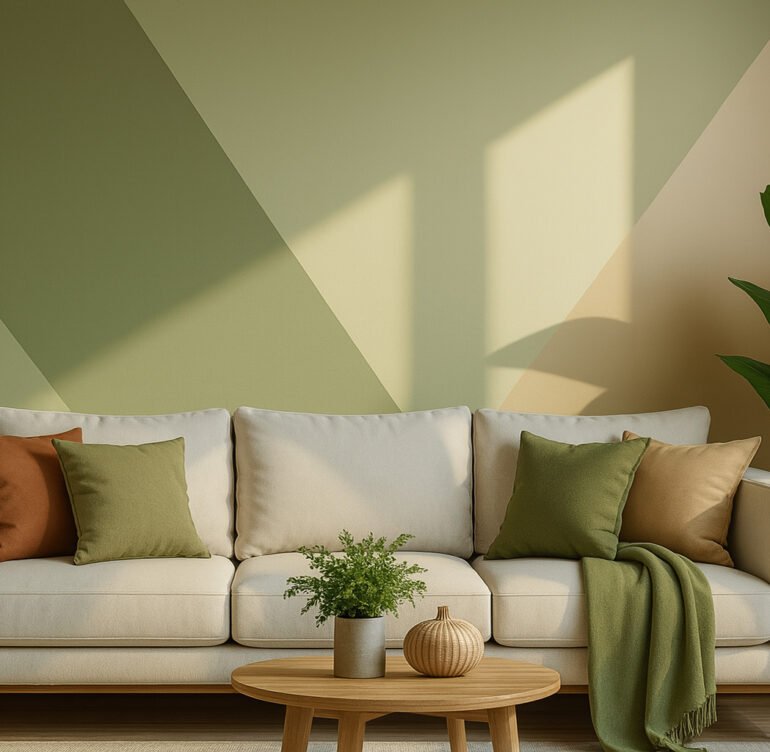 Living room with a beige sofa, green and brown cushions, indoor plants, and a modern geometric wall painting in soft olive, beige, and tan tones.