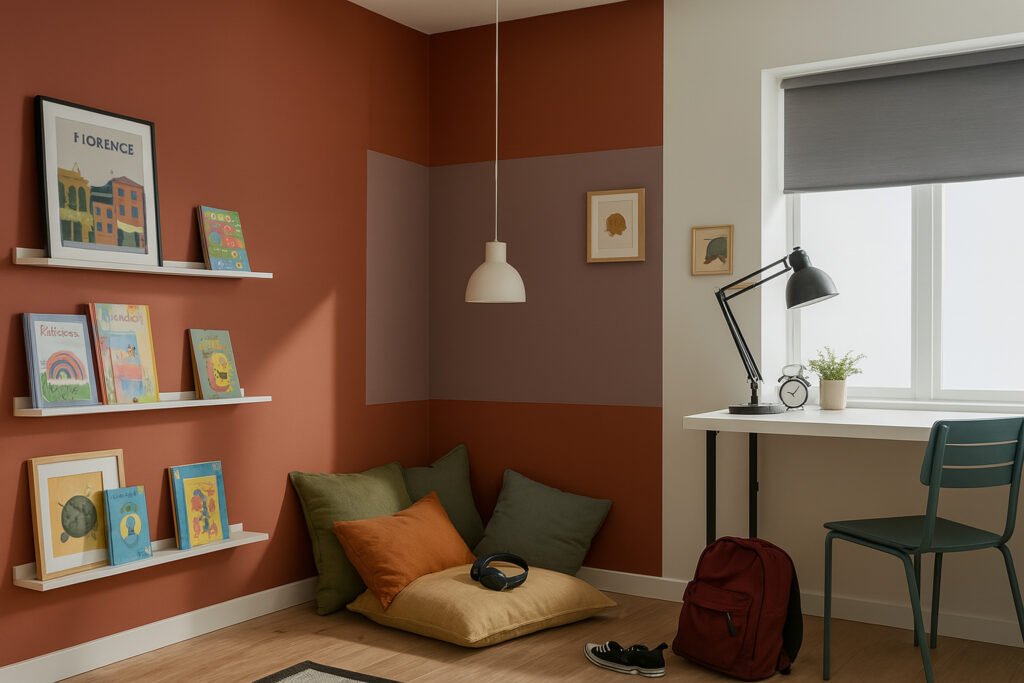 Creative kids' study and reading corner with warm terracotta and mauve wall painting, cozy floor cushions, wall shelves with books, and a modern study desk.
