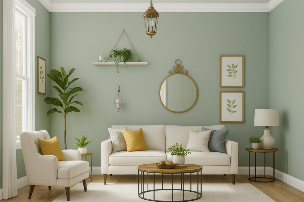Minimalist living room with sage green wall painting, cream sofa set, wooden coffee table, indoor plants, and gold-framed botanical wall art.