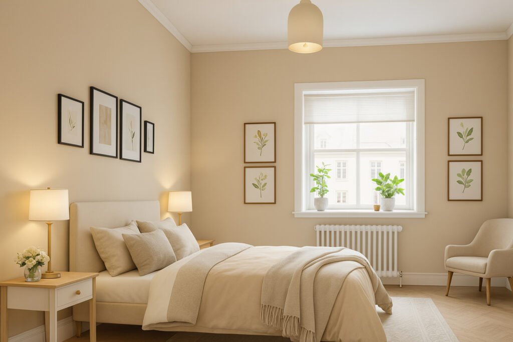 Cozy bedroom with warm beige wall painting, minimalist decor, indoor plants, and soft neutral bedding.