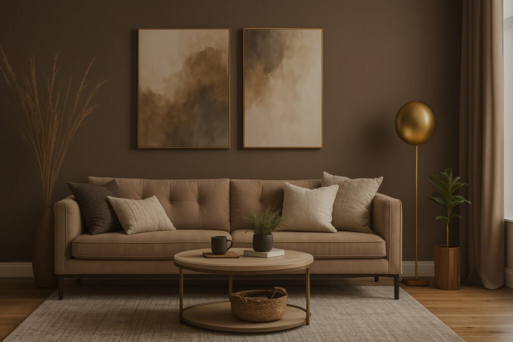 Modern living room with dark brown wall paint, neutral furniture, and abstract wall art.