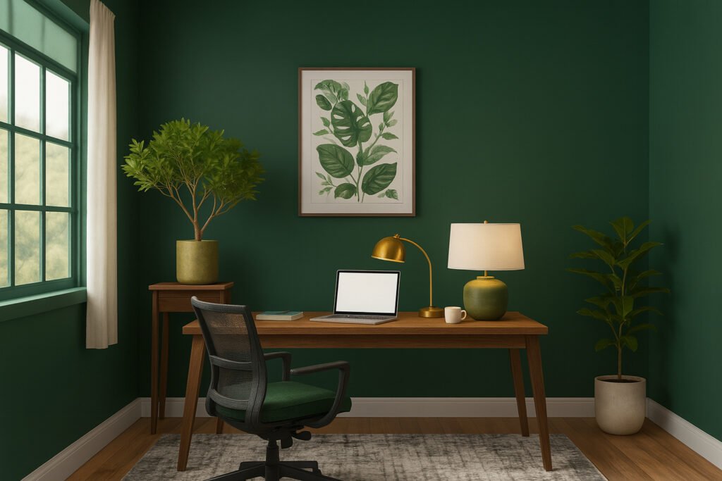 Home office with dark green walls, wooden furniture, and botanical wall art.