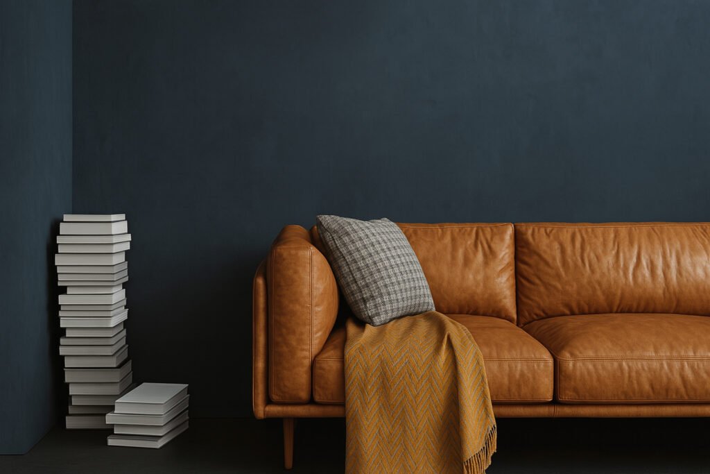 Modern living room with a rich brown leather sofa, gray textured cushion, mustard yellow throw, stack of books on the left, and a dark blue accent wall creating a sophisticated, cozy ambiance.