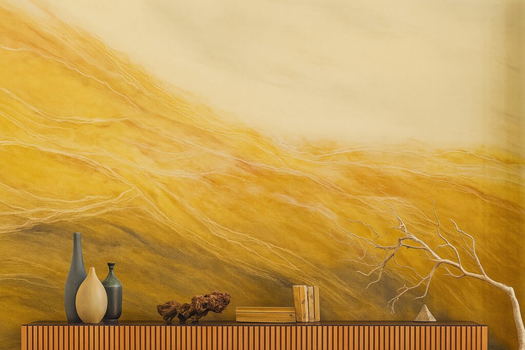 Golden-yellow artistic wall texture with abstract waves and organic lines, styled with minimal decor elements.