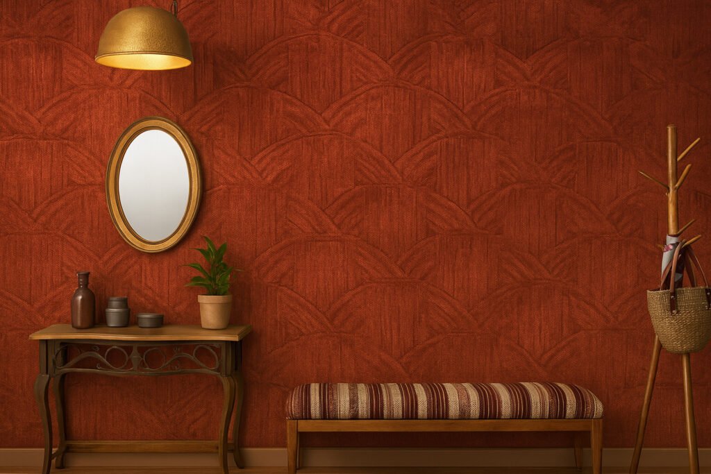 Rustic red textured wall with geometric patterns, complemented by wooden console table, mirror, and cozy bench seating.