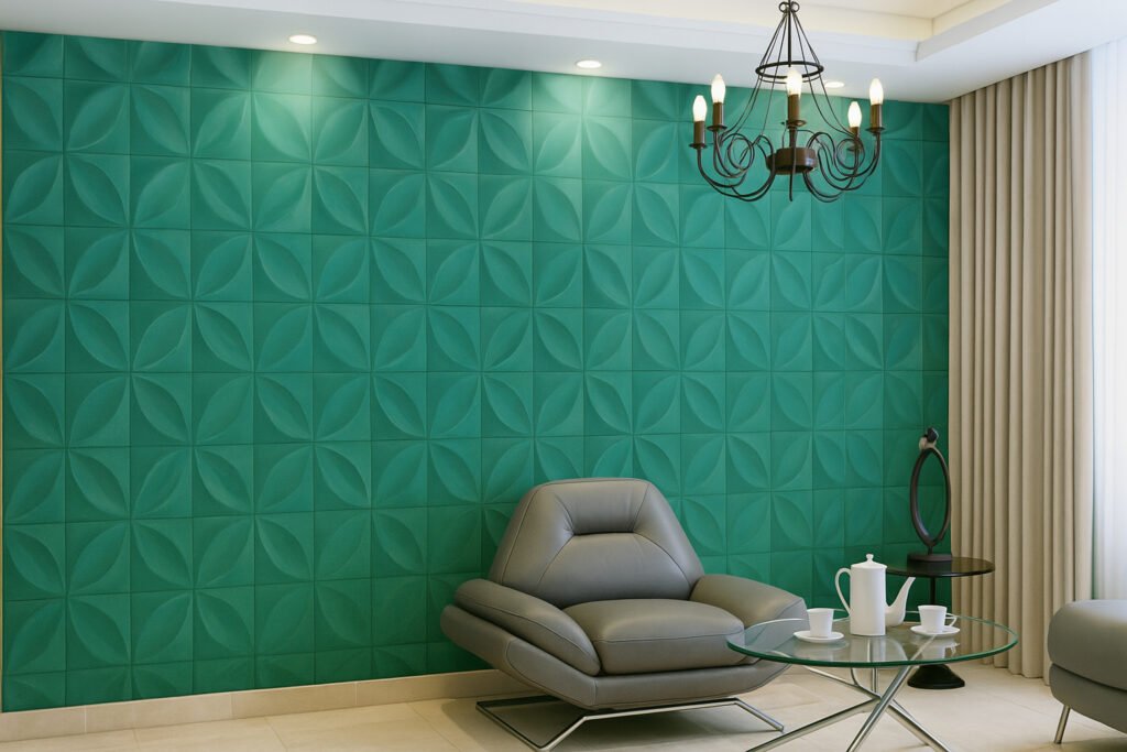 Modern green 3D textured wall with geometric petal patterns, paired with contemporary grey leather recliner and glass coffee table in a bright living space.