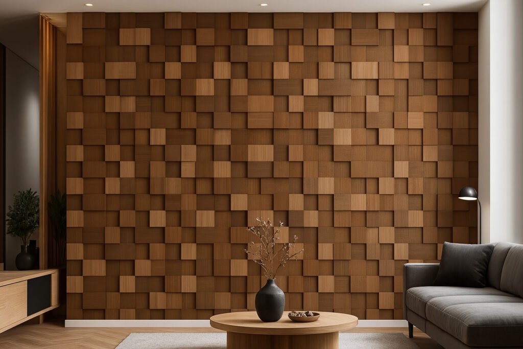 Modern living room with a 3D wooden block wall texture in natural brown tones, complemented by minimalist furniture and soft lighting.