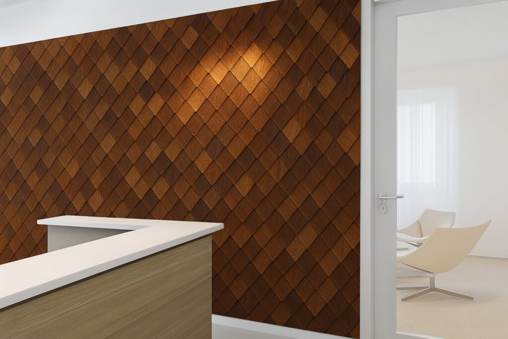 Diamond-patterned wooden accent wall with rich brown shades, creating a warm and textured backdrop in a modern interior.