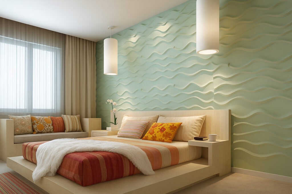 Soft wave-patterned 3D wall texture in a bedroom, featuring pastel green tones, modern lighting, and cozy neutral bedding.