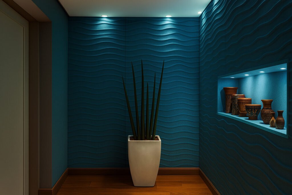 Textured blue 3D wave-pattern wall in a modern interior, featuring built-in shelving with decorative vases and a tall plant in a white pot.