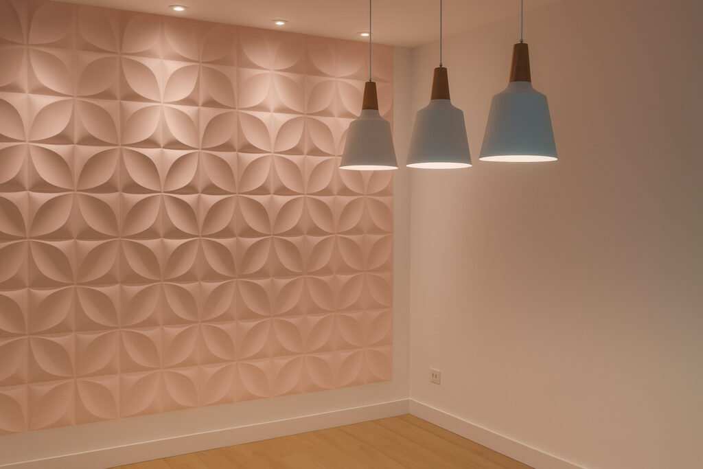 Modern 3D geometric wall panel design in soft blush tones, featuring circular petal patterns, under warm recessed ceiling lights.