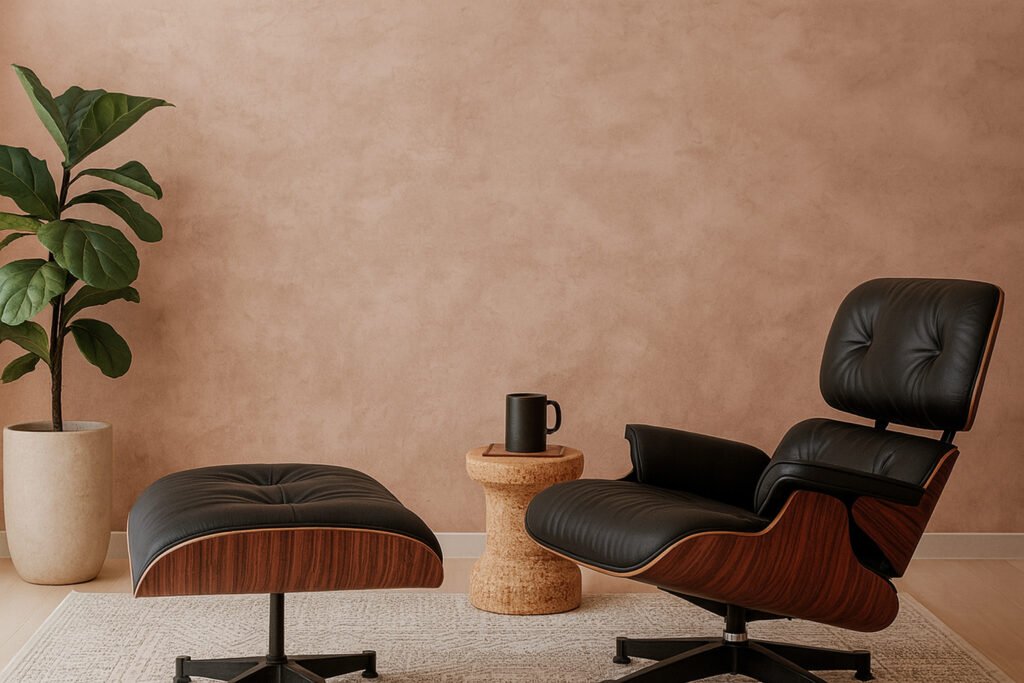 Soft beige textured wall with a modern lounge chair, ottoman, cork side table, and indoor plant in a cozy reading corner.
