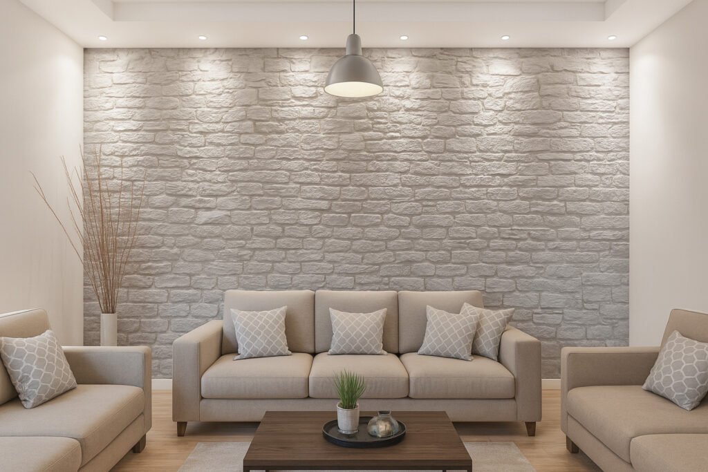 Light grey stone brick accent wall in a modern living room, complemented by neutral sofas, patterned pillows, a wooden coffee table, and soft recessed lighting.