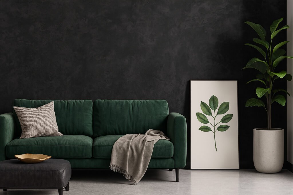 Dark textured wall with a green velvet sofa, indoor plant, and minimalist leaf artwork in a modern living room.