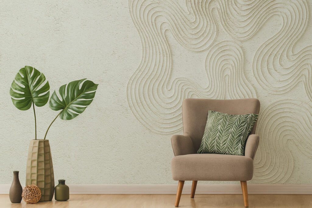 Textured cream wall with wavy embossed patterns, paired with a cozy beige chair and indoor plants in a modern living space.