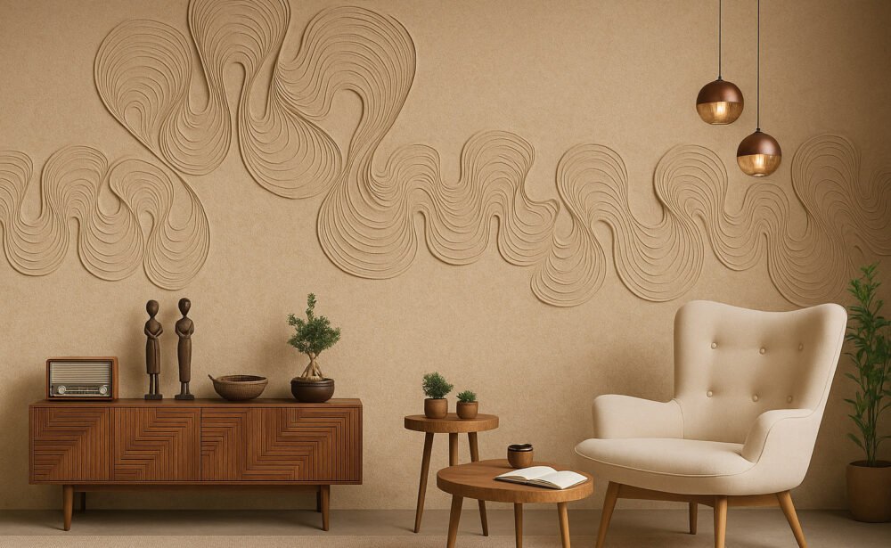 Textured beige wall with flowing 3D wave patterns, paired with mid-century wooden furniture and a cozy cream accent chair in a modern living room.