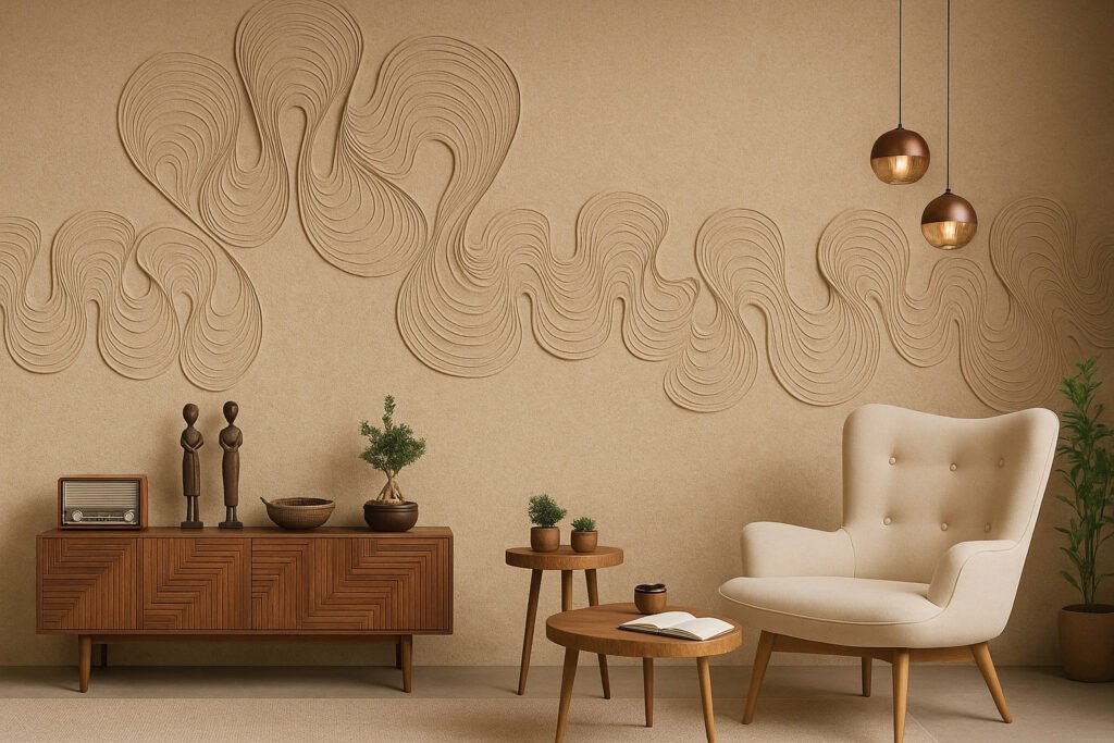 Textured beige wall with flowing 3D wave patterns, paired with mid-century wooden furniture and a cozy cream accent chair in a modern living room.