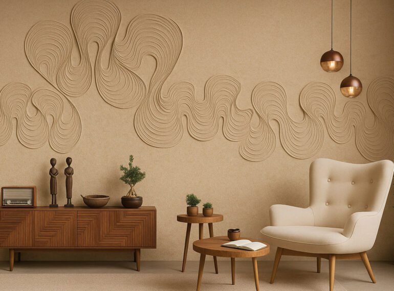 Textured beige wall with flowing 3D wave patterns, paired with mid-century wooden furniture and a cozy cream accent chair in a modern living room.