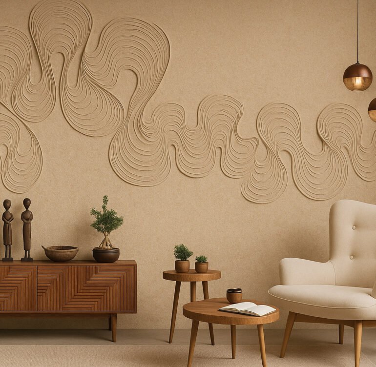 Textured beige wall with flowing 3D wave patterns, paired with mid-century wooden furniture and a cozy cream accent chair in a modern living room.