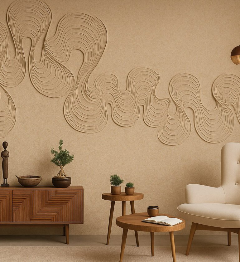 Textured beige wall with flowing 3D wave patterns, paired with mid-century wooden furniture and a cozy cream accent chair in a modern living room.