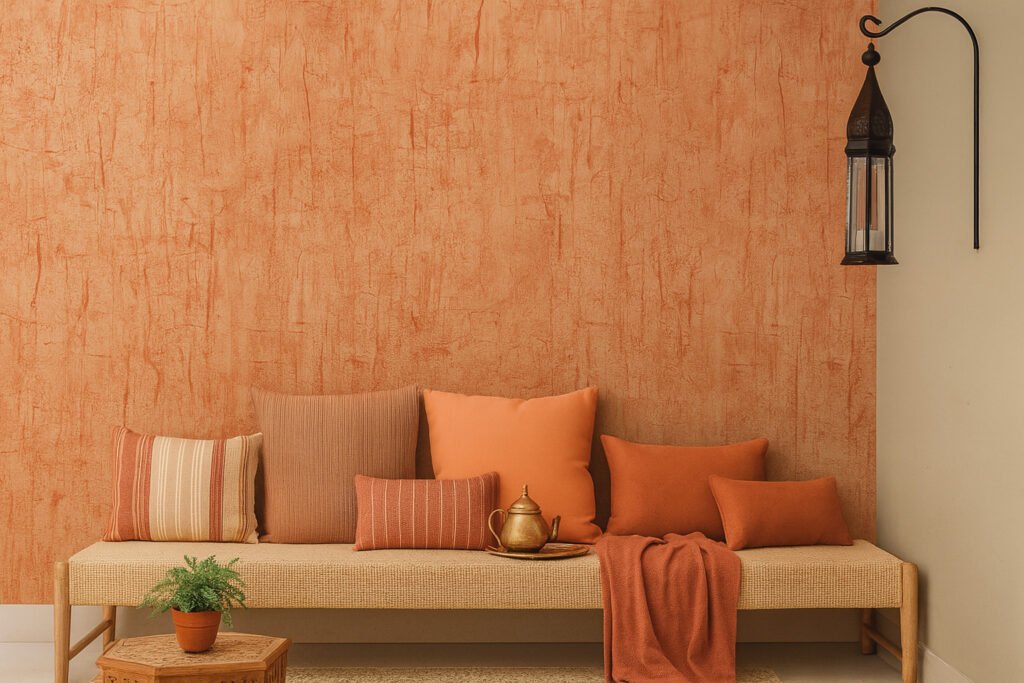 Rustic orange textured wall with an ethnic seating arrangement featuring earthy-toned cushions and a traditional lantern.