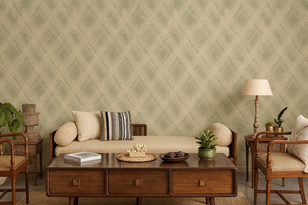Beige textured wall with a subtle criss-cross pattern, styled with vintage wooden furniture and neutral-toned décor.