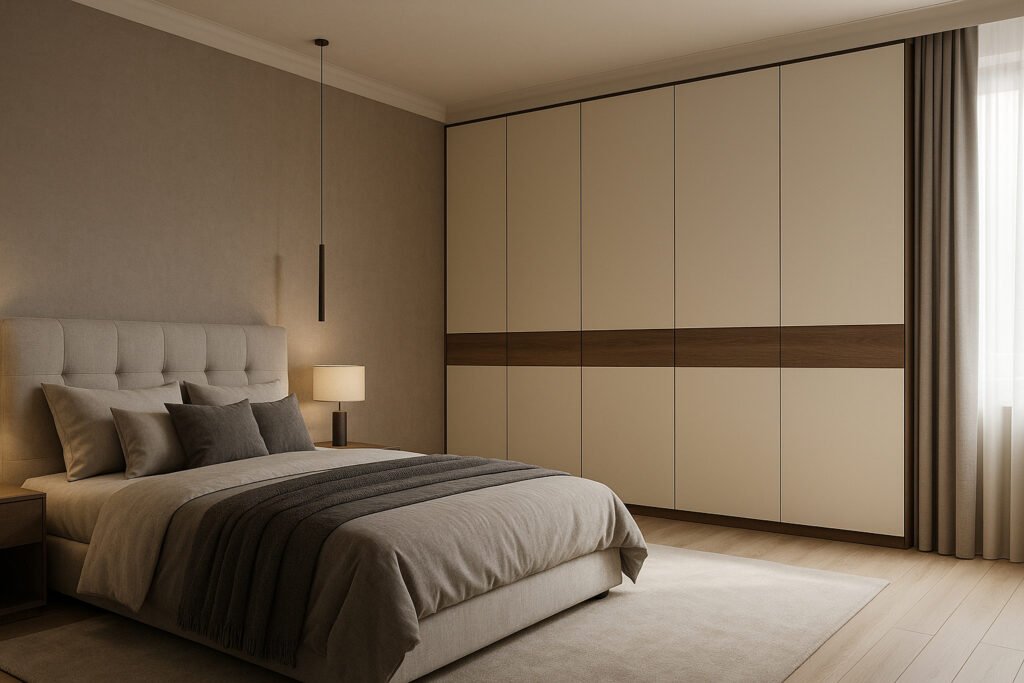Modern minimalist built-in wardrobe with beige matte panels, a horizontal wood accent strip, and sleek floor-to-ceiling design in a contemporary bedroom.