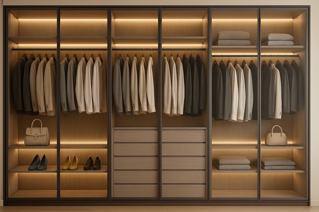 Luxurious open wardrobe system with integrated warm LED lighting, multiple sections for jackets, shirts, and accessories, and organized shelves for bags, shoes, and folded clothes in a modern closet setting.