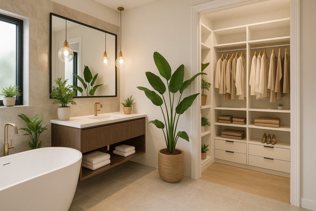 Open walk-in closet wardrobe with white shelving, hanging space for clothes, folded towels, integrated drawers, and decorative plants, set next to a modern bathroom with freestanding tub, large mirror, and minimalist vanity.