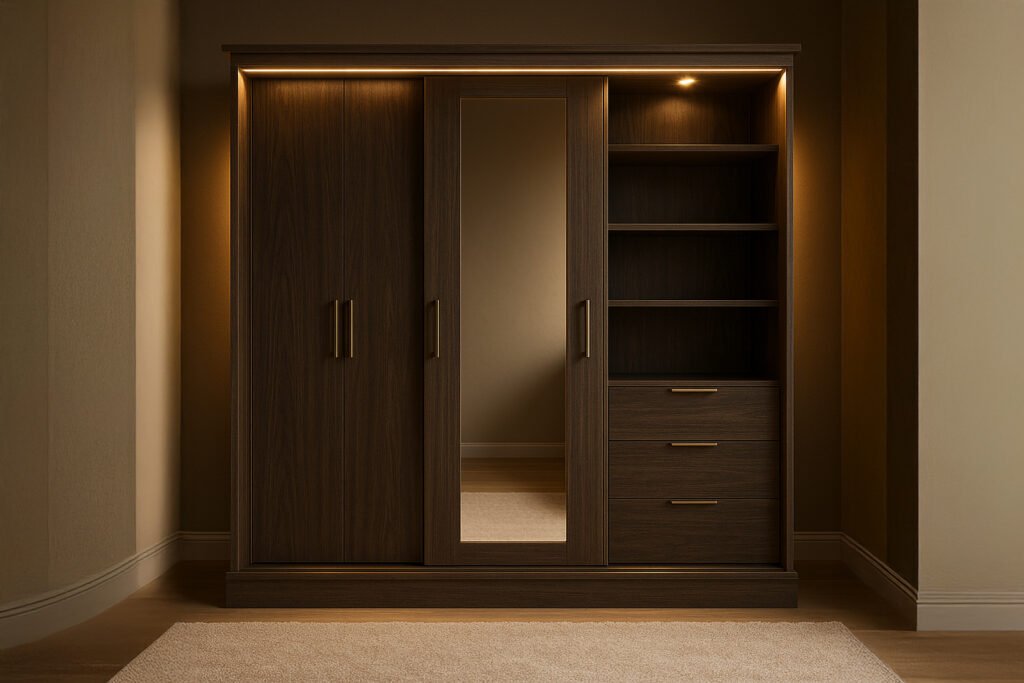 Dark wood modern wardrobe with a central full-length mirror, integrated open shelves, and drawers, illuminated by warm built-in lighting, set in a minimalist interior